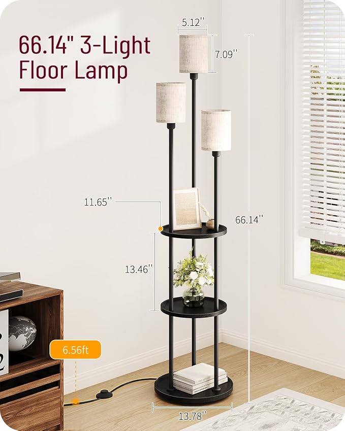 Floor Lamp with Shelves, 3-Light Floor Lamps for Living Room, Modern Standing Lamp with Linen Shades and Foot Switch, 66.1'' Tall Corner Lamp for Bedroom, Office, E26 Base, Black and Beige