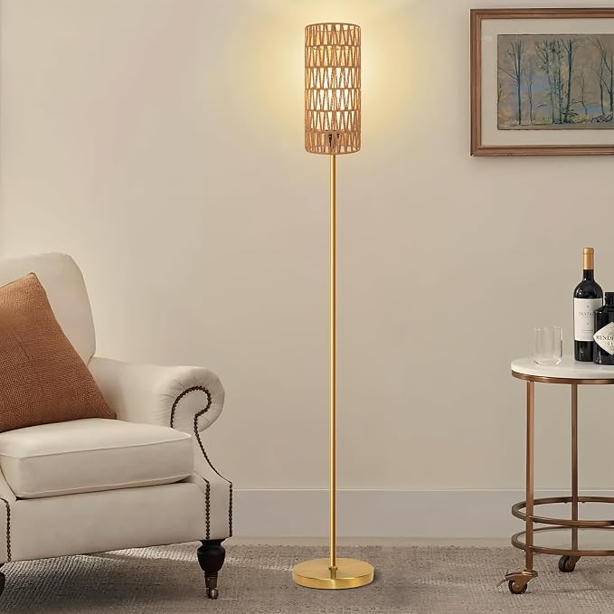 Ruiever Floor Lamp for Living Room,Farmhouse Floor lamp,Modern Standing lamp with Hand-Worked Rattan Shade (Round Rattan Shade Gold Color-3 Color Bulb)