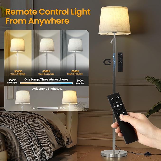 Floor Lamp Height Adjustable with Remote Control for Living Room Silver | Height adjustable 55" to 67" Silver Standing lamp Bright Dimmable 12W Bulb with Remote for living room bedroom corner