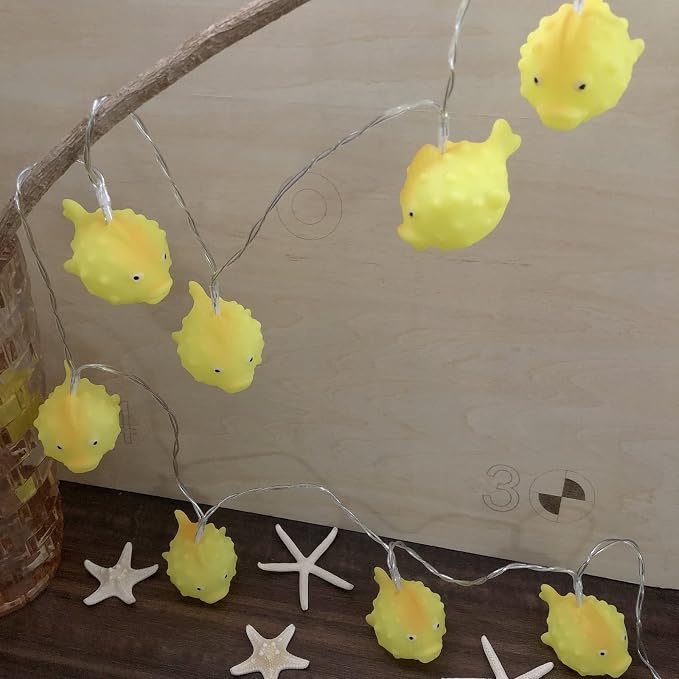 Cute Puffer Fish Night Lights 5.4FT 10 LED Battery Operated Cartoon Animal Fairy String Lights for Bedroom Home Holiday Yellow Theme Party Decoration (Puffer Fish, 1.65m/10LED)