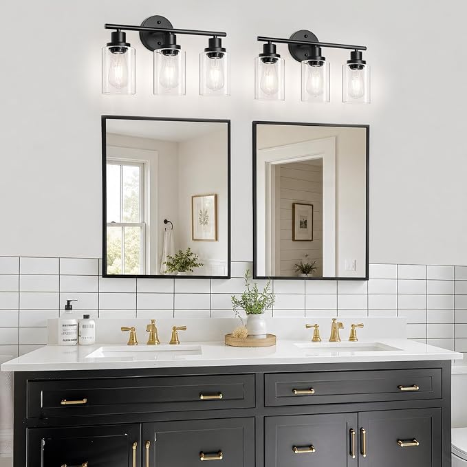 Modern Bathroom Light Fixtures, 3 Light Vanity Lights with E26 Bulbs, Black Wall Lamp with Clear Glass for Mirror Living Room Hallway Cabinet Porch