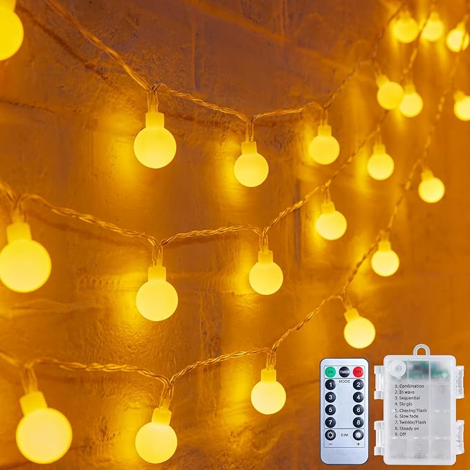 Minetom Battery Operated String Lights, 21FT 60 LED Globe Classroom Lights | Waterproof Twinkle Lights with Remote & 8 Modes for Indoor Outdoor Bedroom Classroom Camping Christmas Decor, Warm White