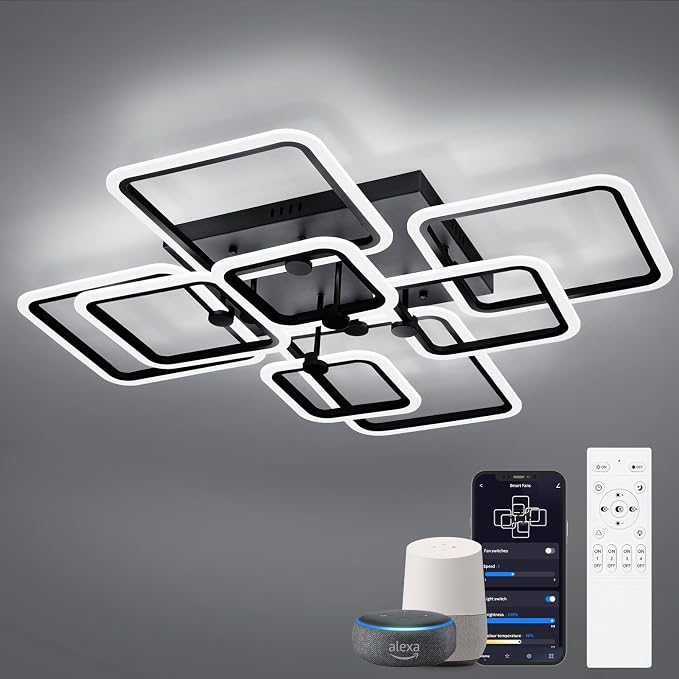 Smart LED Ceiling Light,39.4″ Square Flush Mount Fixture, 8-Square Modern Design, 146W Dimmable Acrylic Light with Remote, WiFi Alexa & App Control for Bedroom Living Room Dining Room (Black)