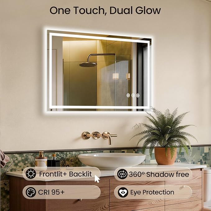 40x32 LED Bathroom Mirror with Anti-Fog, Backlit & Front Lit, Memory | Stepless Dimmable 3 Color CRI 95+ Shatterproof Tempered Glass ETL Listed for Safety Lighted Bathroom Vanity Mirror for Wall