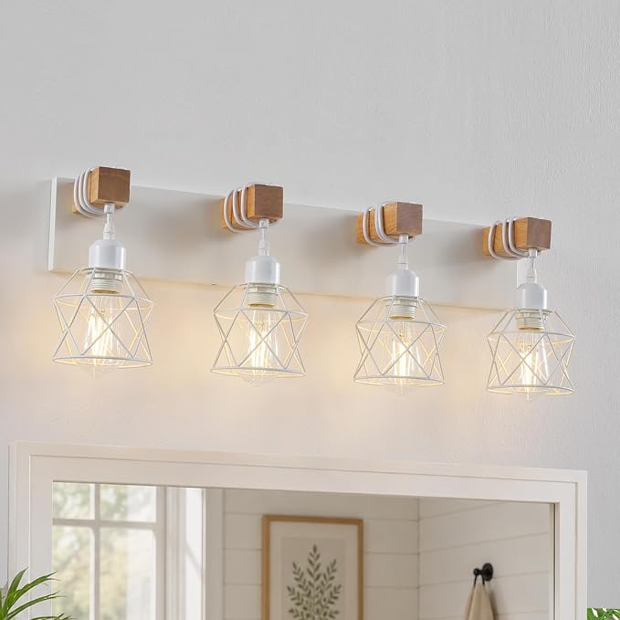 Farmhouse Vanity Light Fixture,4-Light Bathroom Lighting,White Modern Wood Wall Light Over Mirror with Metal Shade,LED Bulbs Not Included