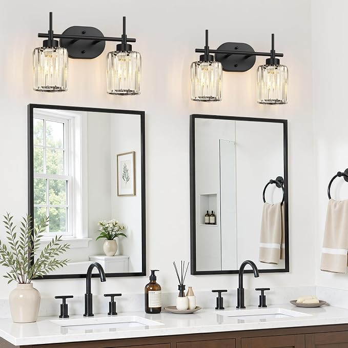 2-Light Matte Black Crystal Bathroom Vanity Light, Modern Bathroom Lighting Fixture Over Mirror, K9 Crystal Bathroom Wall Light with Round Shades, E26 Base(Bulbs Not Included)