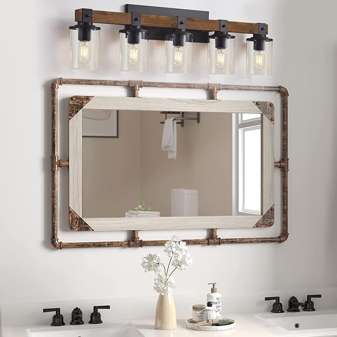 DUJAHMLAND Farmhouse Vanity Lights, 5-Light Wood Bathroom Wall Lighting with Clear Glass, Industrial Metal Wall Sconce for Bedroom, Kitchen, Hallway (Antique Wood, 5-Light)