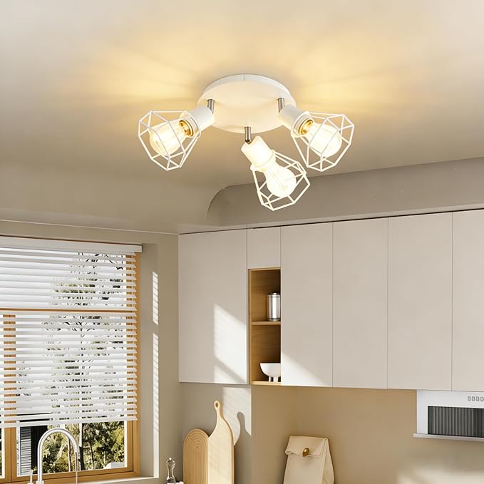 HiBay 3-Light Ceiling Track Lighting Fxiture White, Modern Spotlight, E26 | Rotatable 3 heads with farmhouse metal cage shade for kitchen bedroom dining room, bulb not included