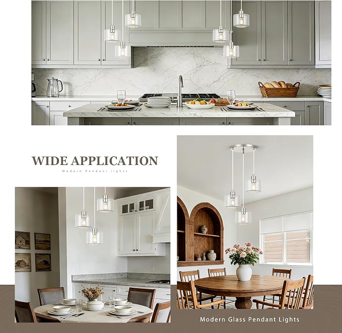 Brushed Nickel Dining Room Chandelier Light Fixture, 3-Light Pendant Lighting with Clear Glass, Modern Kitchen Island Cluster Hanging Pendant Lights for Kitchen Dining Room, OS-YQ8153-3BNC