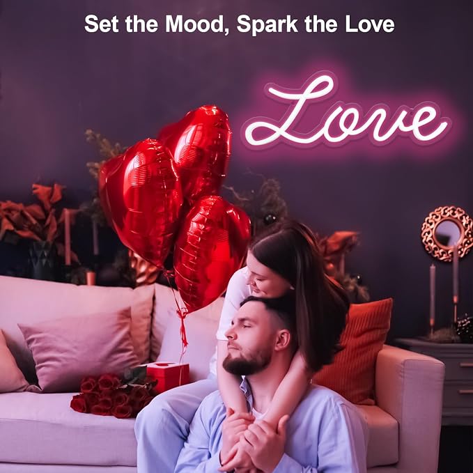Love Neon Sign, LED Love Light up Sign Wall Decor for Girl Bedroom Christmas Valentine's Day Wife Women Birthday Gift Living Room Home Decor, 16"x 6" USB Powered 10 Pink Brightness Light up
