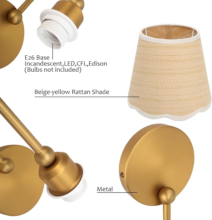 Hardwired Set of 2 Wall Sconces Boho Rattan Lampshade, Vintage Curved Arm Bathroom Vanity Lights, Indoor Wall Decor Lamp for Living Room, Bedroom, Foyer