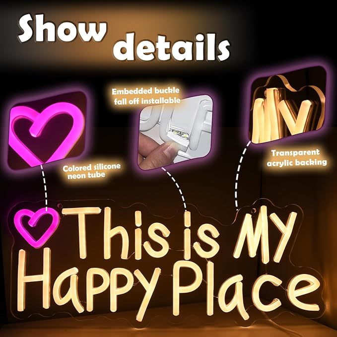 This is our happy place neon sign, suitable for wedding birthday girl party bar wall decoration, dimmable, USB powered, pink heart shape