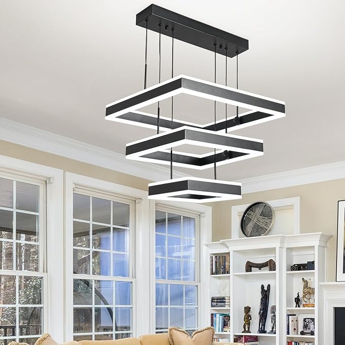 O'NEELDY LED Pendant Light Fixture, 20.47'' Modern Chandelier Square Rings Adjustable Height Black Pendant Lighting 3 Lights Kitchen Island Chandeliers for Dining Room, 6000K