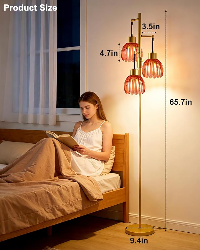 Lightdot 65'' Glass Floor Lamp Dimmable Gold with Deep Red Lotus Glass Shade & 3000K Bulbs Included 3-Lights Modern Tall Standing Lamp with 5Lbs Heavy Base for Living Room/Bedroom/Sofa/Corner Decor