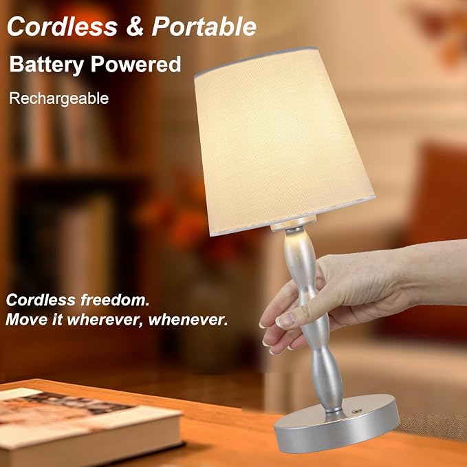 Rechargeable Cordless Table Lamp, 5000mAh Battery Powered Touch Desk Lamp, 3-Level & Stepless Dimmable Night Light, Portable Bedside Lamp for Bedroom, Outdoor, Bulb Included, Silver