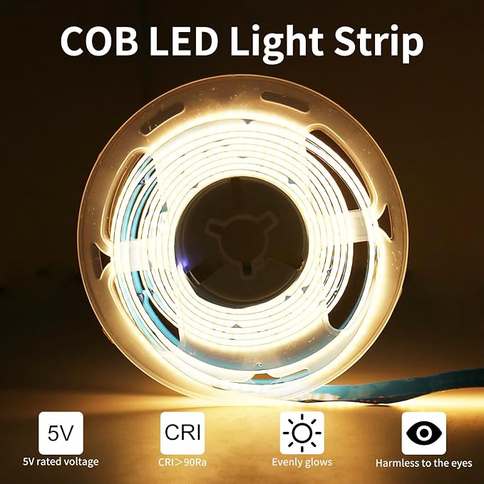 USB LED Light Strip, 3000K Warm White COB LED Strip Lights, 3.28FT TV Lights Flexible Small Led Lights with Touch Switch Controller White 5V LED Strip Light for TV Backlight Bedroom