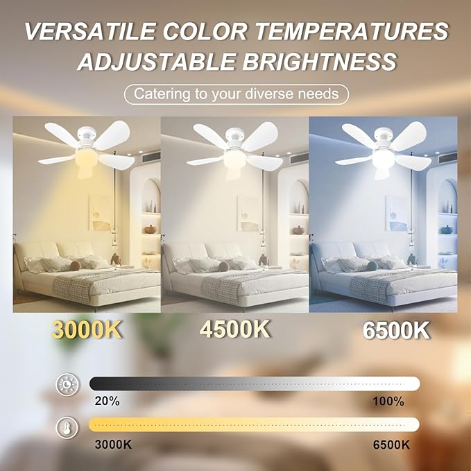 2Pack Socket Fan Light With Remote, Screw in Ceiling Fans with Dimmable Light, 3 Colors 3000K-6500K,Smart Ceiling Fan Light Kit Bulb for Bedroom Living Room Kitchen Garage Dinning Room