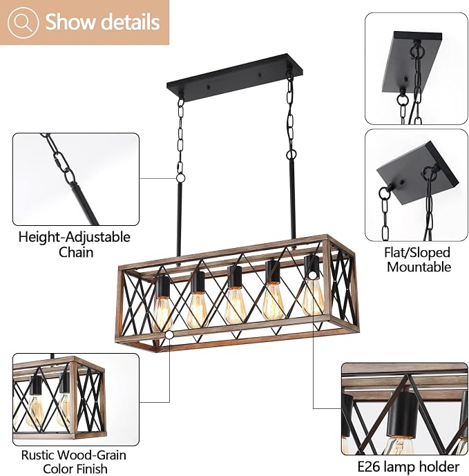 KEESFU 5-Light Farmhouse Chandeliers for Dining Room, Kitchen Island Lights | Farmhouse Light Fixtures with Adjustable Height; Dining Room Light Fixture for Table & Over Sink; Wood Grain color;E26 Base