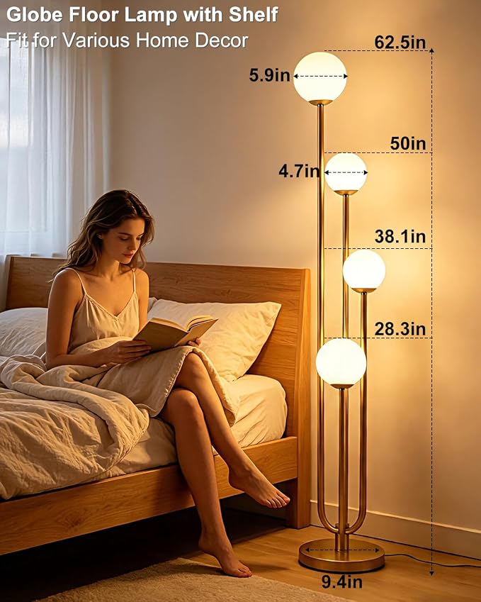 63IN 4-Light Dimmable Floor Lamp, Unique Gold Tall Standing Lamps with 3000K Bulbs for Reading, Mid Century Modern Floor Lamp with 5Lbs Heavy Base for Living Room Bedroom Home Office