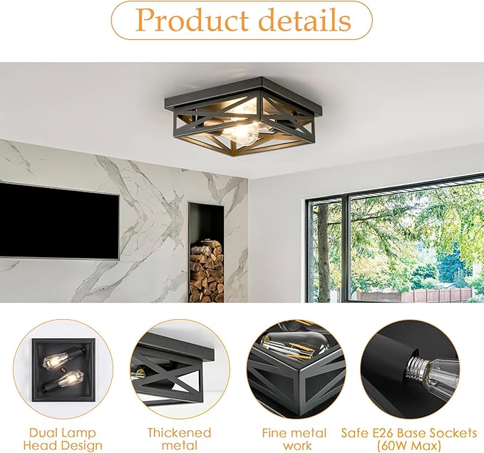 2-Lights Flush Mount Ceiling Light, Farmhouse Close to Ceiling Light Fixtures, 11 Inch Indoor Retro Metal Black Cross Cage Square Ceiling Light Fixtures for Hallway Kitchen Bedroom