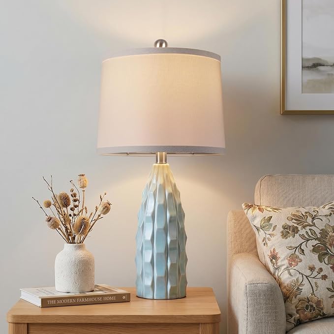 WIHTU 24" Ceramic Table Lamps Set of 2, Modern Nightstand Light, Blue | Linen Shade, 3 Color Temps, Farmhouse/Boho Style, Bedroom/Living Room/Office Decor, Ideal Gifts, 2 Bulbs Included, E26 Base