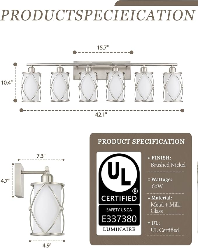6-Light Brushed Nickel Bathroom Light Fixtures Over Mirror, 42" UL-Listed Modern Wall Sconce Lights with Milk White Frosted Glass and Metal Cage for Bath, Hardwire E26, CH9176BNW-6W