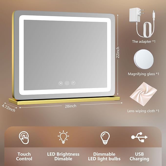 Gvnkvn Vanity Mirror with Lights, 28" x 22" LED Makeup Mirror, Lighted Makeup Mirror with 10X Magnification,Dimmable 3 Modes, Touch Screen Control Vanity Mirror Round Gold