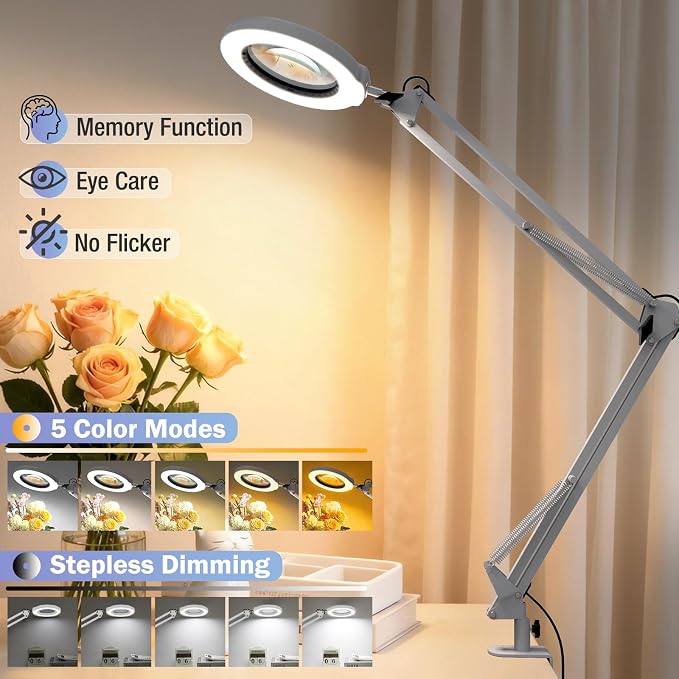 10X Magnifying Glass with Light and Clamp, Real Glass Stand Lighted Magnifier, 2*16 Arm 5 Color Modes Stepless Dimmable LED Desk Lamp Hands Free for Craft Hobby Reading Painting Close Work Large White