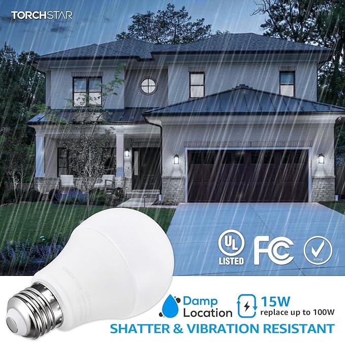 TORCHSTAR 1700LM Universal Garage Door Opener LED Light Bulb, UL FCC DOE, 15W Ultra Bright, Minimize Interference, 100W Eqv. 120V, A19 Bulbs, E26 Base, 5000K Daylight, Pack of 2