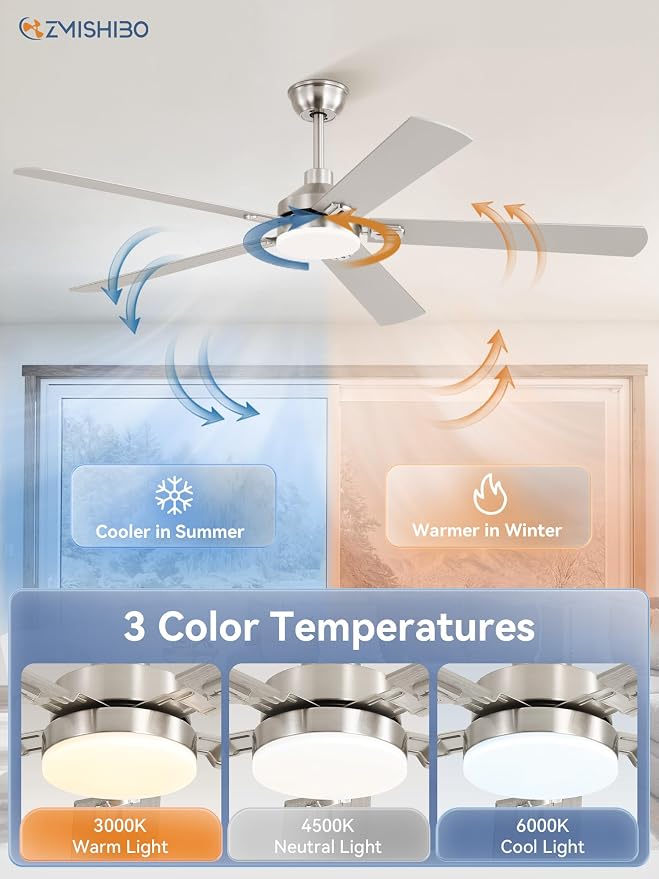 ZMISHIBO 60" Ceiling Fans with Lights and Remote, Nickel Modern for Indoor | Large Size, 3CCT, Downrod Mount, Farmhouse Dual Finish Blades, Quiet&Strong Motor, Memory Function for Bedroom, Living Room