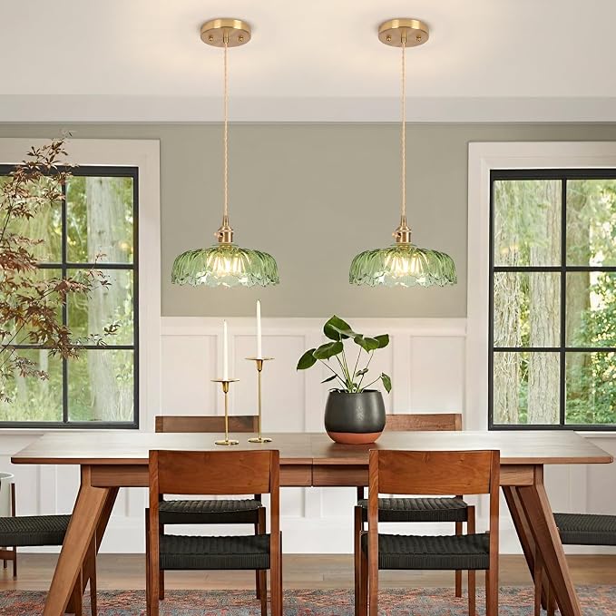 Battery Operated Pendant Light,Vintage Light Fixtures RGB Light Bulb 2500mAh 9.4in Green Modern Chandelier with Remote Control Wireless Adjustable Rechargeable Chandelier for Kitchen Island 2Pack