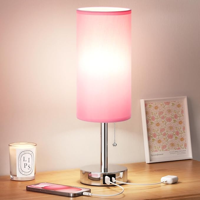 Pink Bedside Table Lamp for Bedroom - Small Nightstand Lamp for Girls | 3 Color Temp, USB A+C Ports, LED Bulb Included, Soft Pink Fabric Shade, Sleek Silver Metal Base, 14" Desk Lamp for Kids Dorm
