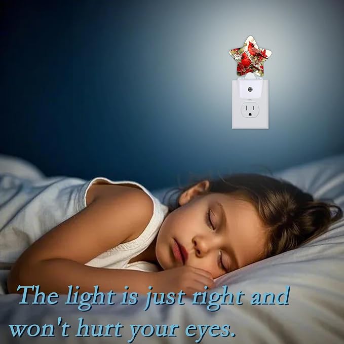 Red Cardinal Bird Flowers Plug-in Night Light with Dusk-to-Dawn Sensor for Bathroom,Bedroom and Hallway Sleep Friendly Lamp for Women/Girls/Boys Gift,0.5w
