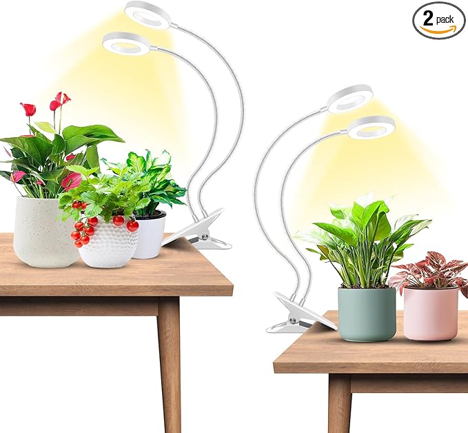 Wiaxulay Plant Grow Light Indoor Growing, 3.5in Clip Full Spectrum 2 Pack | 192 LEDs Halo Plant Lights 6000K+660nm, 360° Gooseneck Clip, 6/12/16H Timer, 5 Brightness, 2 pack for Seedlings, Succulents