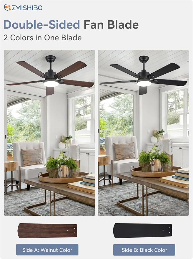 ZMISHIBO 2 Pack 52" Ceiling Fan with Light and Remote, Black Modern Indoor | 24W 2400LM Bright LED, 3CCT, Dimmable, App Control, Farmhouse Dual Finish Blades, Quiet&Strong Motor for Bedroom, Living Room