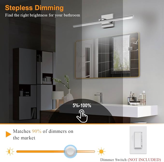 LED Bathroom Vanity Light, Modern Bathroom Light Fixture Over Mirror (3000K/4000K/6000K, Dimmable), Vanity Light Bar with Angle Adjustable, 24 Inch, Chrome