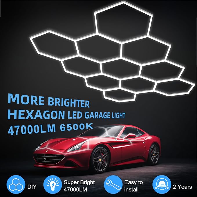MODERN 11Grids Hexagon Garage Light: 48Pack 384W 47000LM High Brightness Hexagon Garage Lights-Easy Install Honeycomb Ceiling Lights for Warehouse, Gym Basement, Exhibition Hall