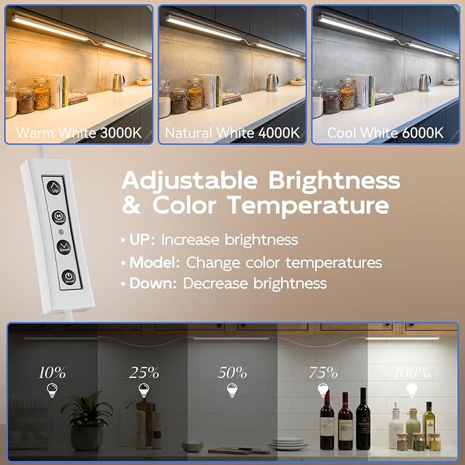 6 Pack Under Cabinet Lighting Plug in, Dimmable & 3 Color Temps 3000K-6000K | Linkable Under Cabinet Lights, 12" Inch 1800LM LED Shelf Lights, Under Counter Lights for Kitchen Cabinet, Closet, Shelf