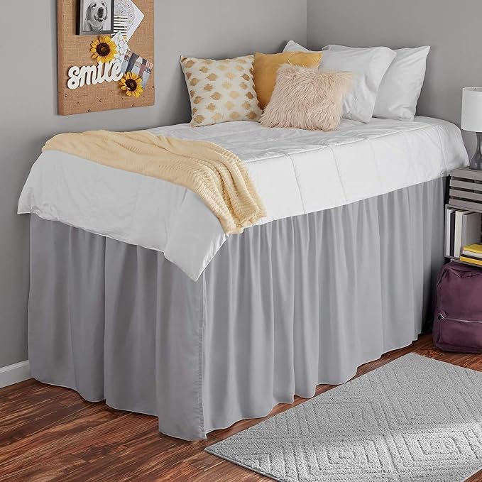 Shreem Linen Dorm Bed Skirt Twin XL, 46 Inch-Drop, 100% Microfiber Extra Long Bedskirt, Light Grey