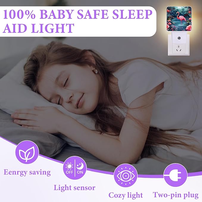Flamingo Watercolor Night Light,Floral Night Lights Plug into Wall,Led Lamp for Stairway/Hallway/Bedroom 0.5W Nightlight Sleep Friendly
