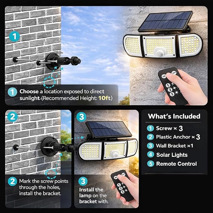 Solar Motion Sensor Lights Outdoor, 3000LM 3 Adjustable Heads Security Flood Light with Remote Control, IP65 Waterproof 270° Wide Angle Solar Wall Lights for Garage Yard Patio Driveway, 4 Pack
