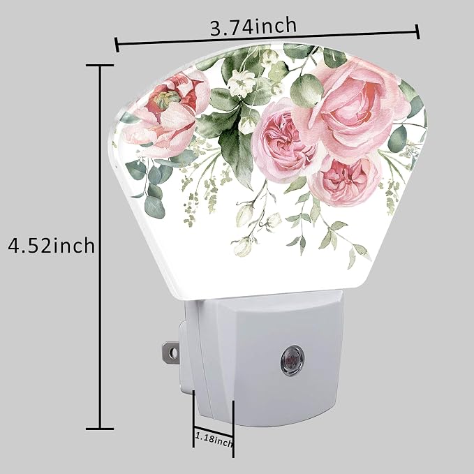 Watercolor Pink Flowers Night Light Plug into Wall, Pink Roses Night Light with Dusk to Dawn Sensor for Kid Girls Boys Women Men Room, Hallway, Kitchen, Bathroom, Stairs Decor