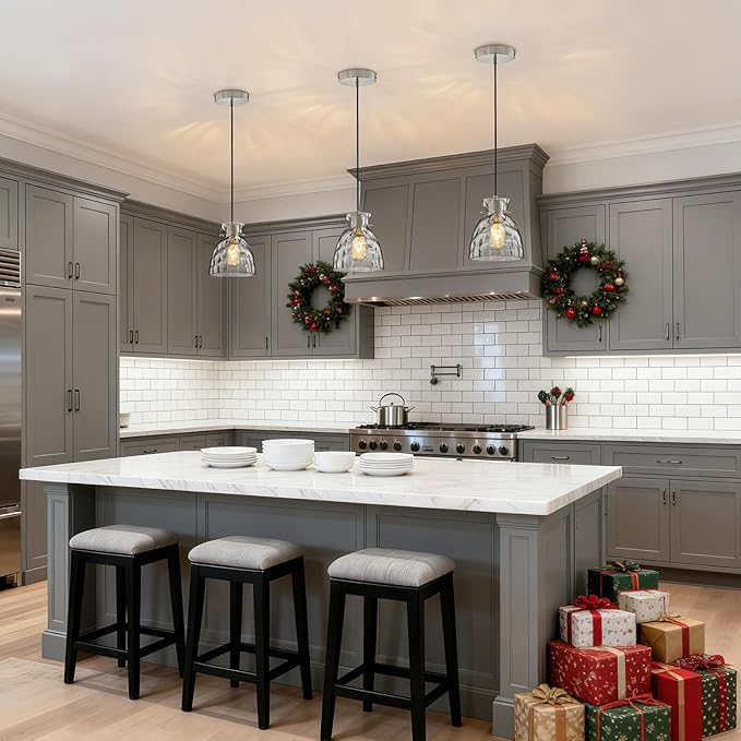 Hammered Glass Pendant Lights Kitchen Island, 5.9“ Small Brushed Nickel Pendant Light Fixtures, Adjustable Modern Hanging Lights Kitchen Pendant Lighting over Island Sink Bathroom Dining Room Bedroom