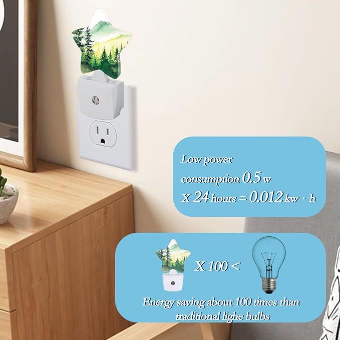 Watercolor Misty Forest Plug-in Night Light with Dusk-to-Dawn Sensor for Bathroom,Bedroom and Hallway Sleep Friendly Lamp for Women/Girls/Boys Gift,0.5w