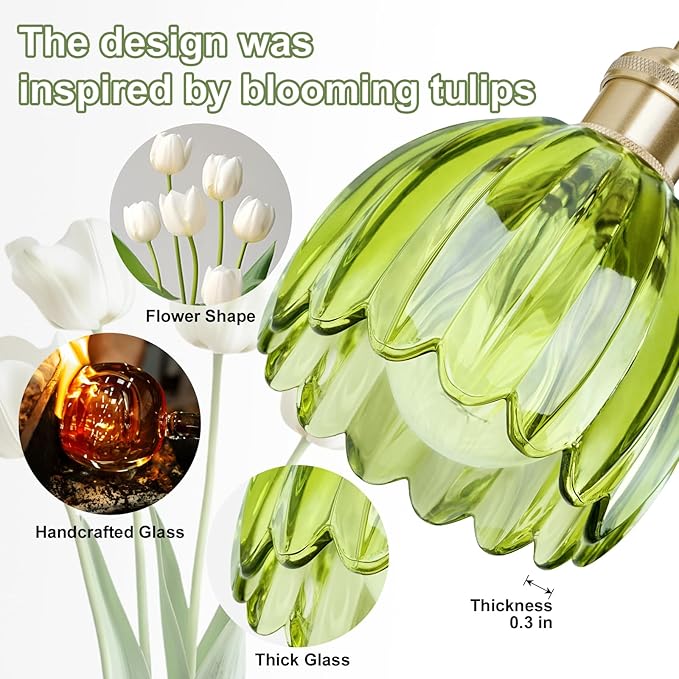 Vintage Bathroom Light Fixtures,4-Light Hardwired Vanity Lights with Green Tulip Glass Shade,Gold Bathroom Vanity Light for Mirror Restroom,E26 Socket,25.2 in(Bulbs Not Included)