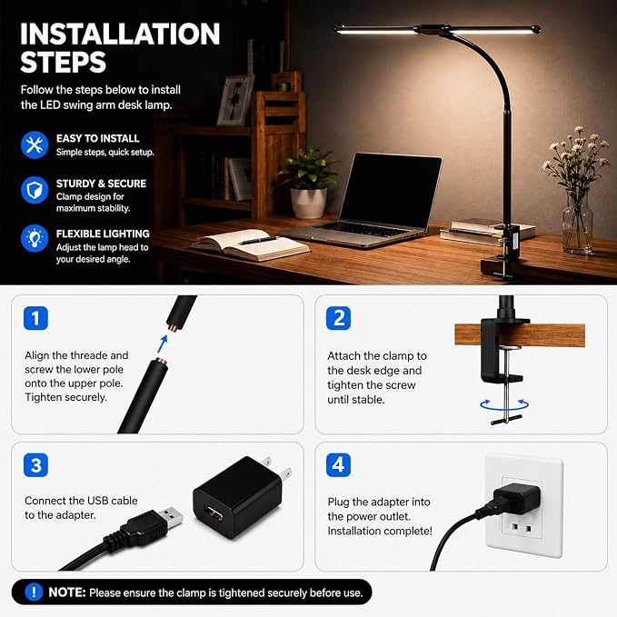 LED Desk Lamp for Home Office, Eye-Care Architect Light with Clamp, Double Head Computer Monitor Table Light with 3 Color Modes 10 Brightness, Adjustable for Reading, Study, Workbench, Black