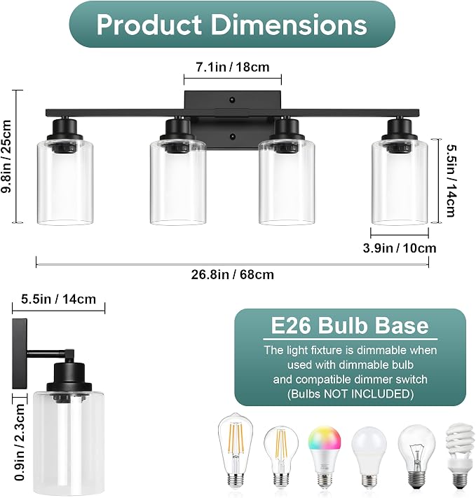 Ascher Bathroom Light Fixtures, 4-Light Vanity Light Over Mirror, Matte Black Wall Sconces with Clear Glass Shades, Wall Lamp for Living Room Bedroom, E26 Base(Bulbs Not Included)