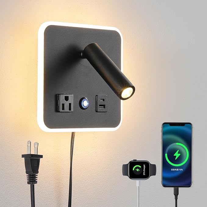 LED Wall Lamp Dimming Wall Mounted Reading Lights, Adjustable Headboard Plug in Wall Sconce with USB+USB C Ports, Headboard Bedside Lamp with 6W+3W Night Light 3000K (Black)