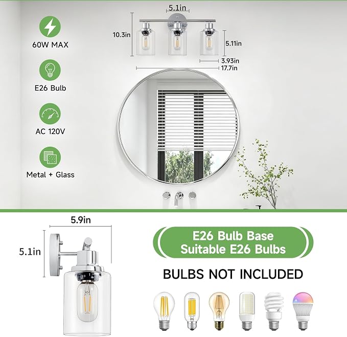 3-Light Bathroom Light Fixtures, Modern Chrome Vanity Lights for Bathroom with Clear Glass Shade, Wall Lamps for Mirror Hallway Kitchen Cabinet Living Room Sconces Lights