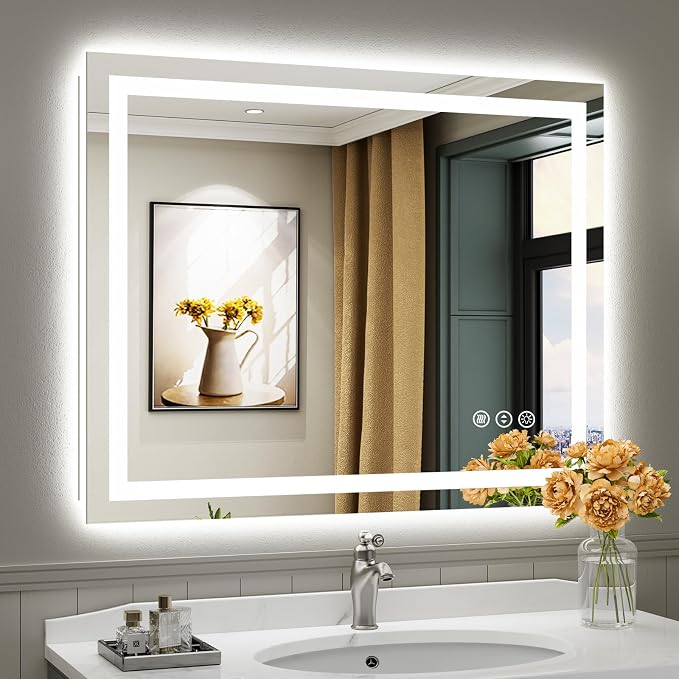 40x32 Inch LED Bathroom Mirror with Lights, Backlit & Front Lit | Anti-fog, 3 Color Dimmable, Memory Function, HD Reflection Tempered Glass, ETL Listed, IP54 Waterproof